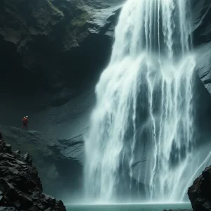 Rescue teams conducting an operation near a waterfall in California