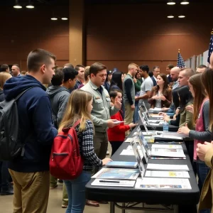 High school students interacting with military academy representatives at the Service Academy Information Fair.
