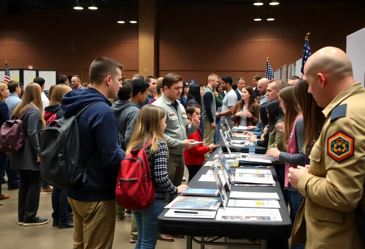 High school students interacting with military academy representatives at the Service Academy Information Fair.