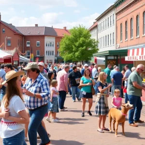 Families participating in the Shake Rag Festival with line dancing and food stalls