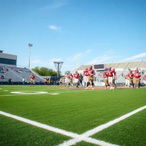 Players practicing on new artificial turf for the South Warren football team.