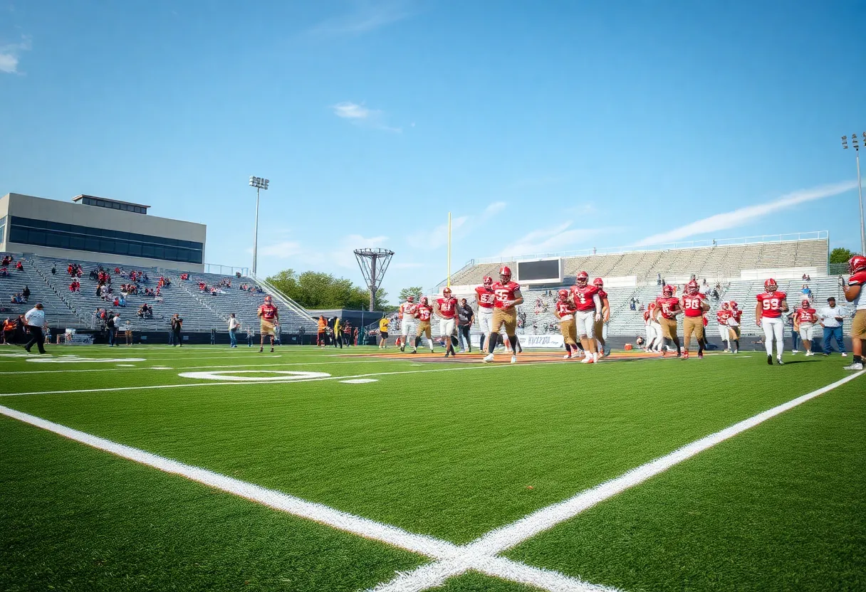 Players practicing on new artificial turf for the South Warren football team.