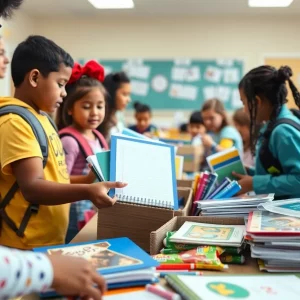 Volunteers distributing school supplies to children