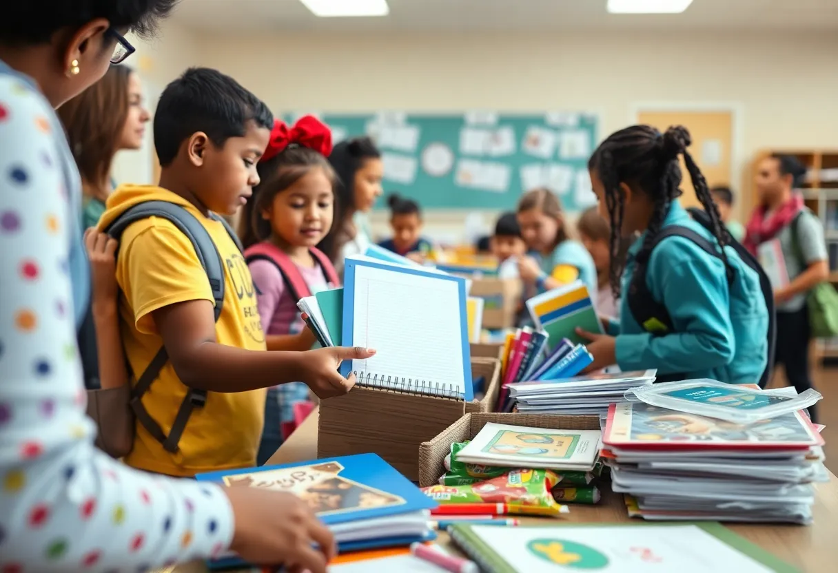 Volunteers distributing school supplies to children
