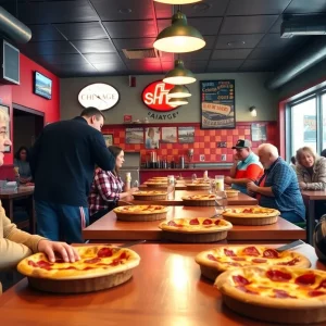 Inside Tamburrino's Pizzeria with customers enjoying Chicago-style deep-dish pizza.