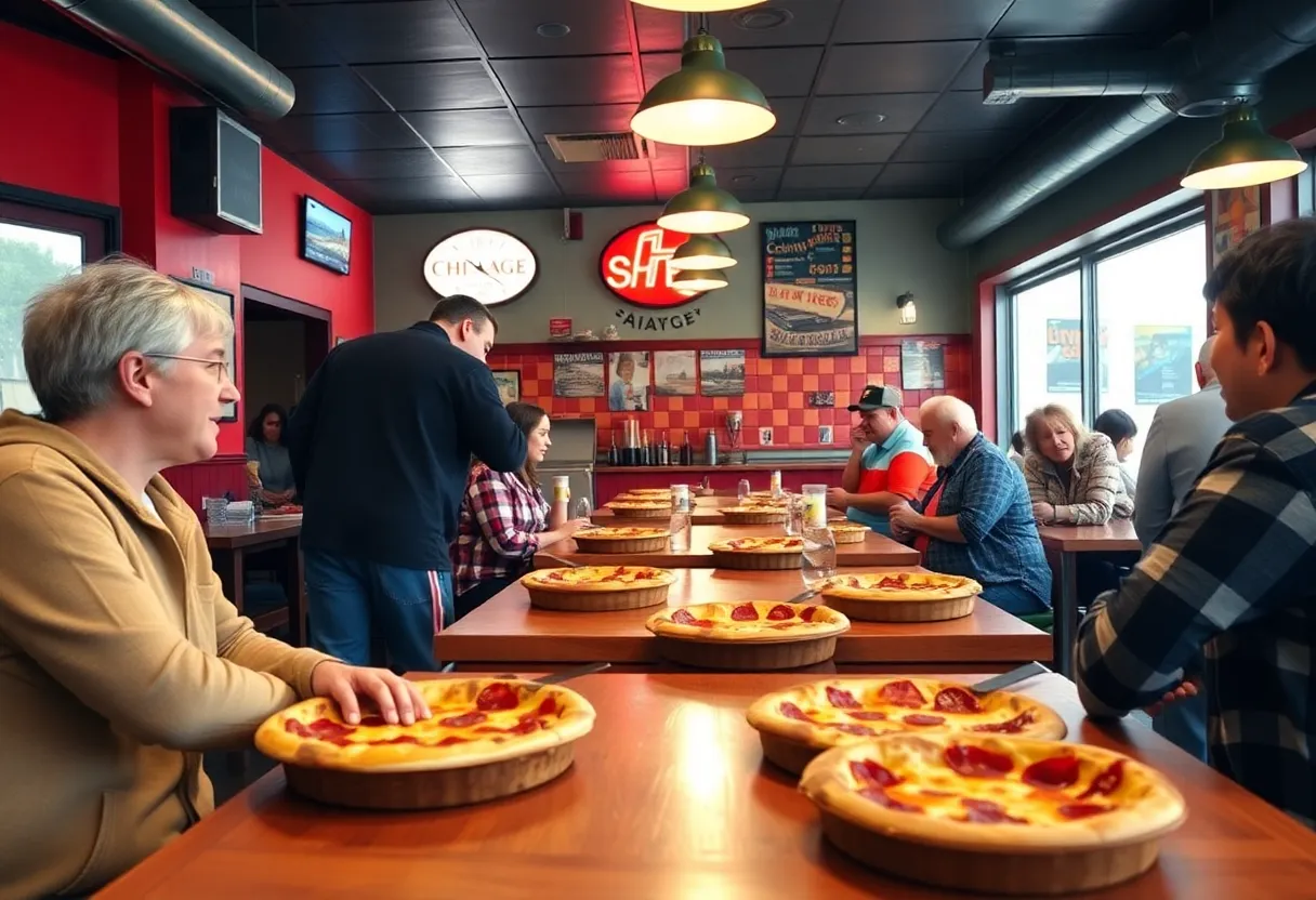 Inside Tamburrino's Pizzeria with customers enjoying Chicago-style deep-dish pizza.
