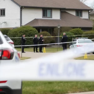 Police officers investigating a scene with explosives