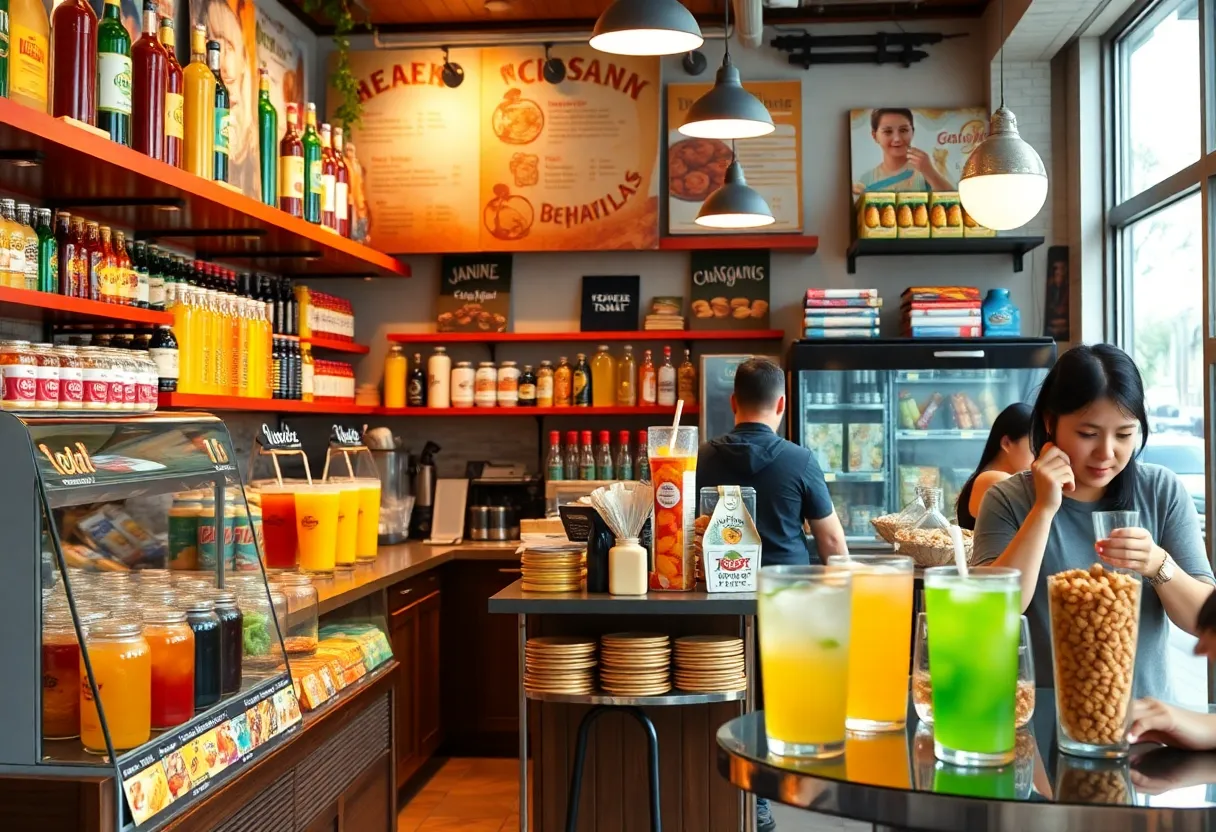 Interior of Thirsty’s Soda Stop with colorful drinks and patrons