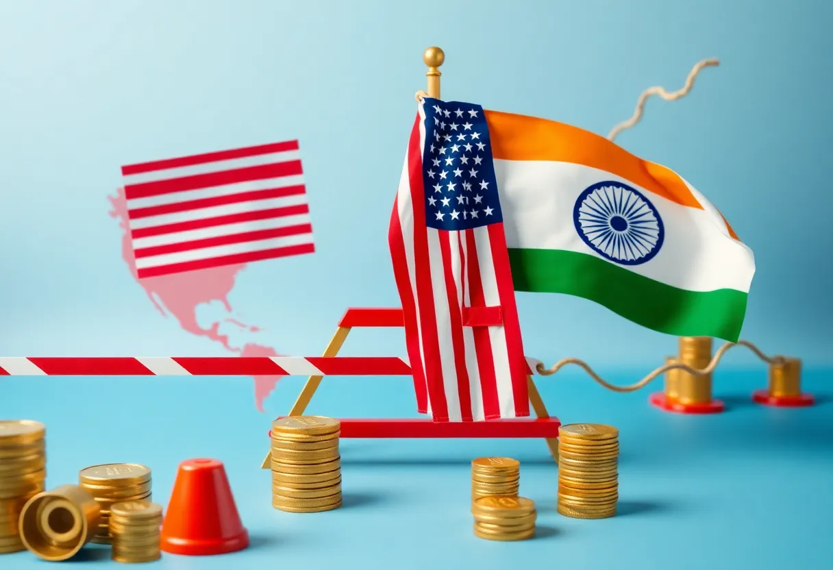 US and India flags with a backdrop of trade barriers