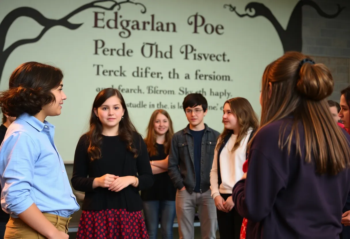 Students participating in a theatre discussion after watching 'Vexing Verses'.