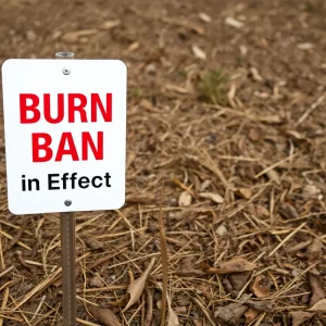 Burn ban sign in a dry landscape