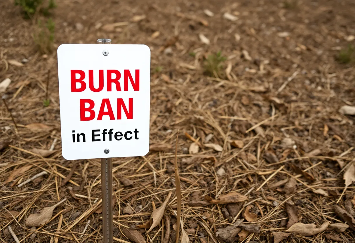 Burn ban sign in a dry landscape