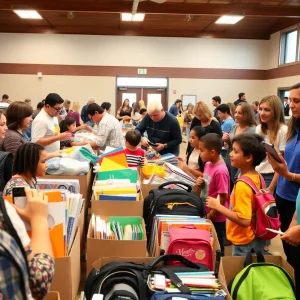 Families and volunteers at a school supplies donation event