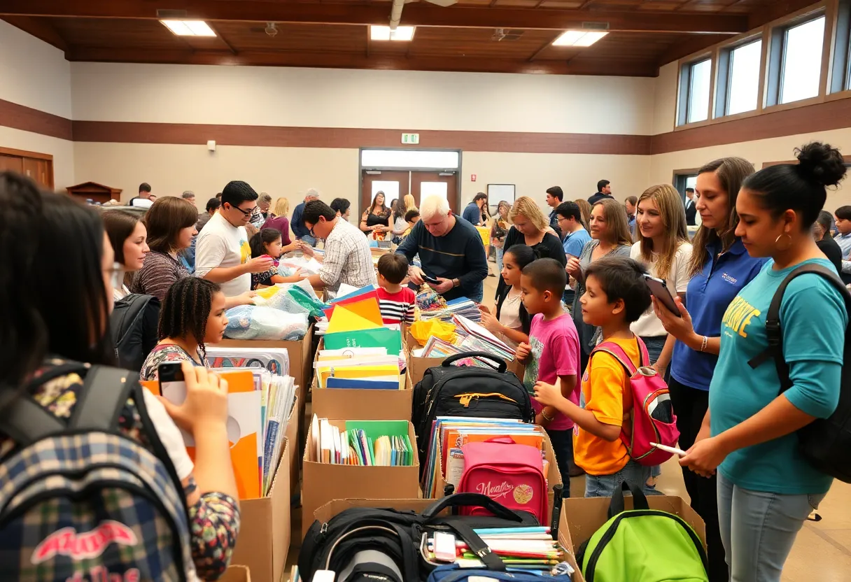 Families and volunteers at a school supplies donation event
