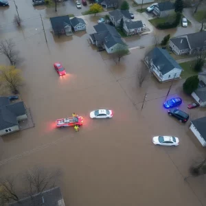 Aerial view of severe flooding in Wauwatosa showing submerged homes and vehicles.