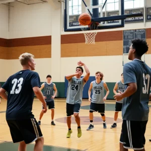 Western Kentucky Hilltoppers basketball team practicing in a gym.