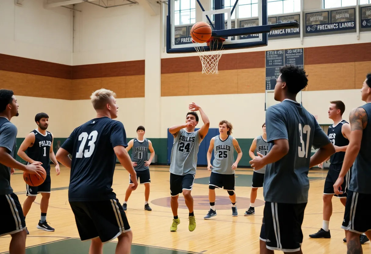 Western Kentucky Hilltoppers basketball team practicing in a gym.