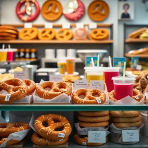 Freshly baked pretzels displayed at Wetzel's Pretzels bakery in Walmart.