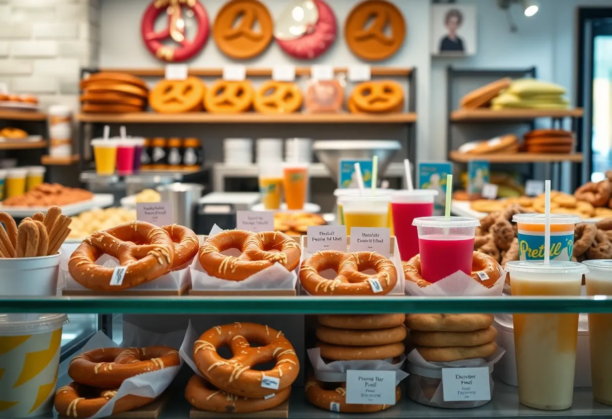 Freshly baked pretzels displayed at Wetzel's Pretzels bakery in Walmart.