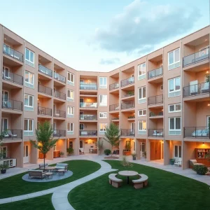 Architectural design of a modern WKU dormitory with green spaces.