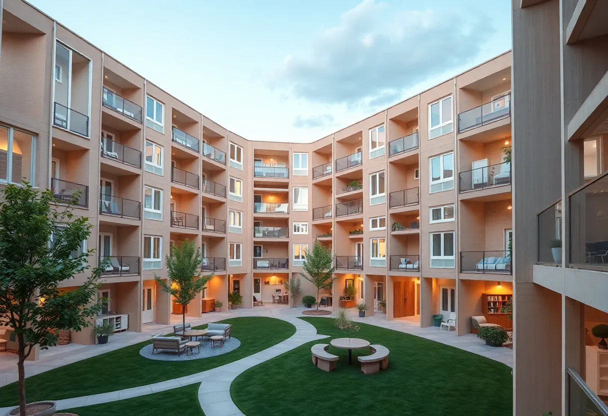 Architectural design of a modern WKU dormitory with green spaces.