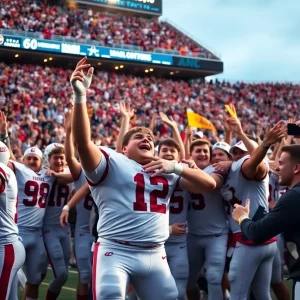WKU football players celebrating after a win at Houchens-Smith Stadium.