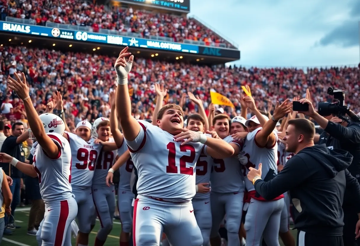 WKU football players celebrating after a win at Houchens-Smith Stadium.