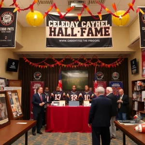 Celebration of WKU Football Hall of Fame induction with team memorabilia