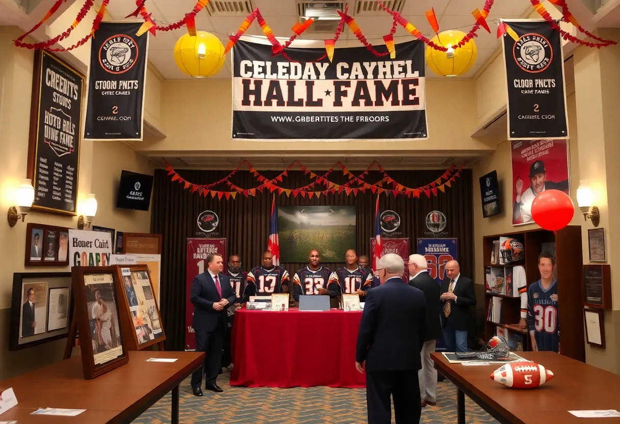 Celebration of WKU Football Hall of Fame induction with team memorabilia