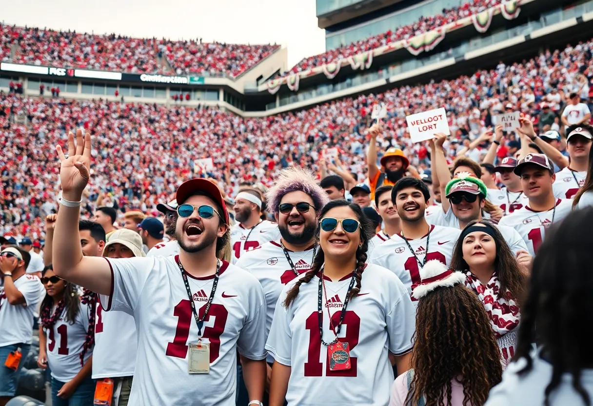 Fans supporting WKU Football wearing white at the stadium