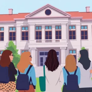 A group of women discussing their future options at a university.