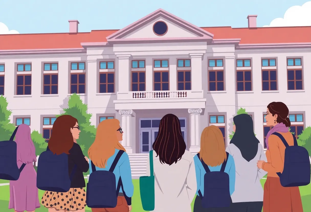 A group of women discussing their future options at a university.