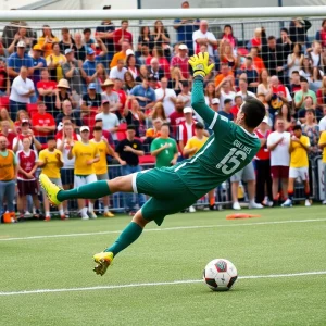Goalkeeper making a save during a college soccer match