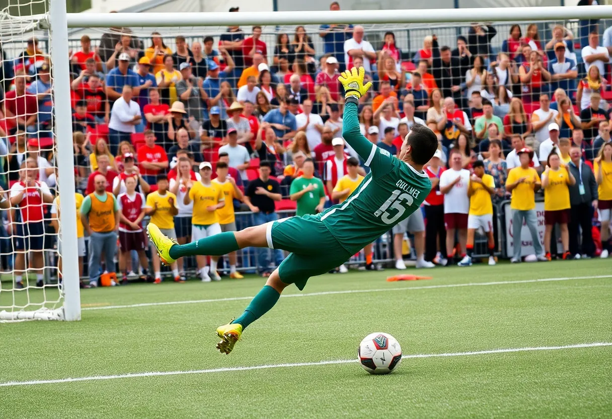 Goalkeeper making a save during a college soccer match