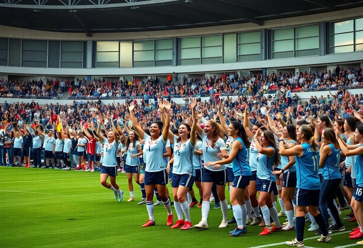 WKU women's soccer team celebrating a big victory on the field