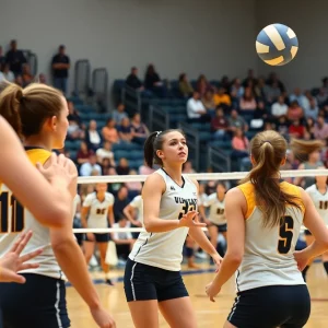 Collegiate women's volleyball players competing on the court.