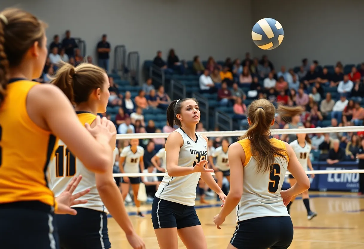 Collegiate women's volleyball players competing on the court.
