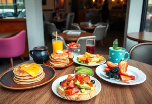 Colorful breakfast dishes showcasing pancakes, avocado toast, and fresh fruit at a café.