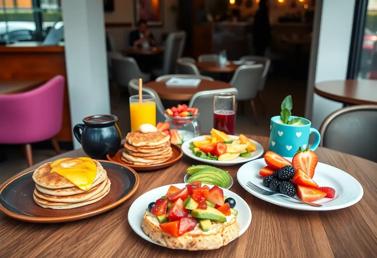Colorful breakfast dishes showcasing pancakes, avocado toast, and fresh fruit at a café.