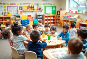 Children engaged in preschool activities in a colorful classroom.