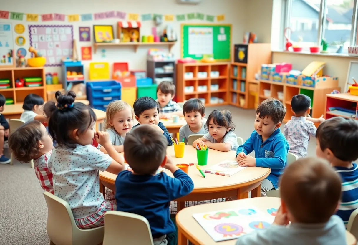 Children engaged in preschool activities in a colorful classroom.
