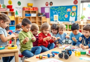 Children participating in STEAM activities in a colorful preschool classroom