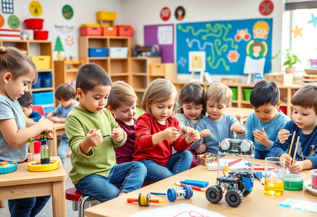 Children participating in STEAM activities in a colorful preschool classroom