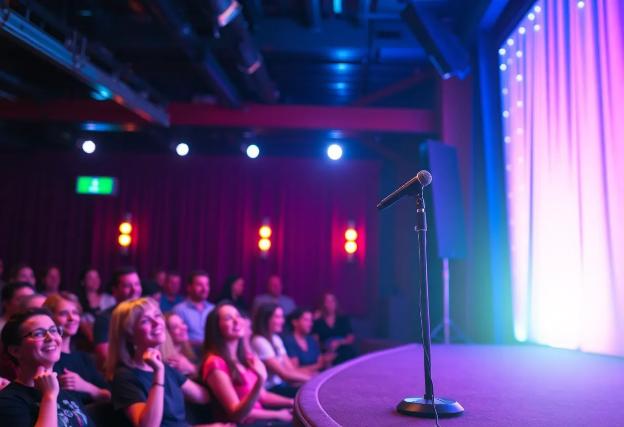 A lively audience enjoying a comedy show on stage
