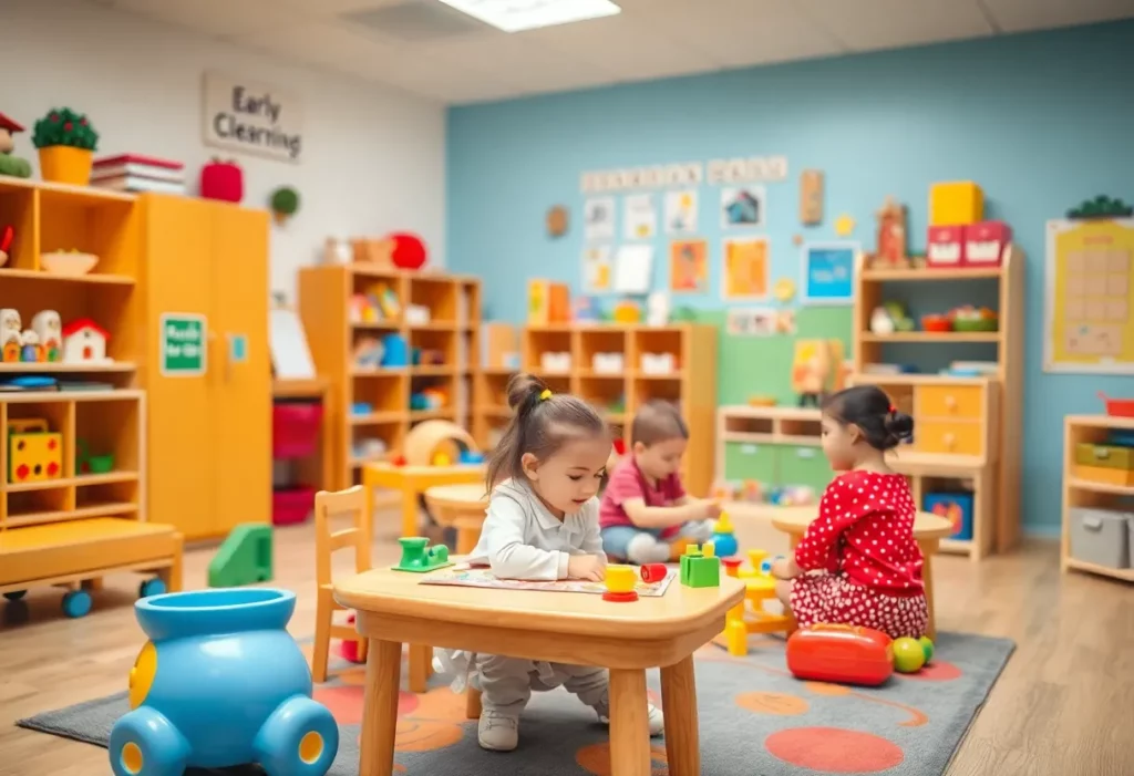 Children engaged in play-based learning activities in a colorful classroom.
