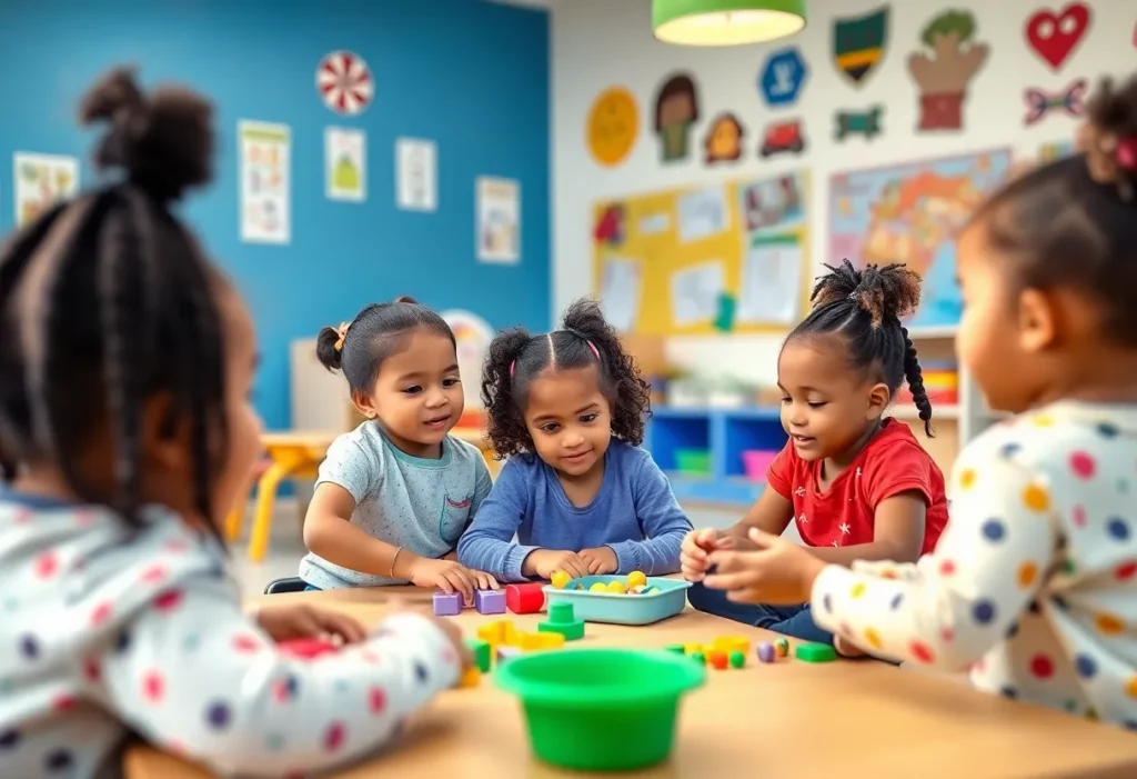 Children participating in a play-based activity in an early learning classroom