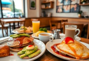 A delicious spread of breakfast foods including pancakes and avocado toast at First Watch.