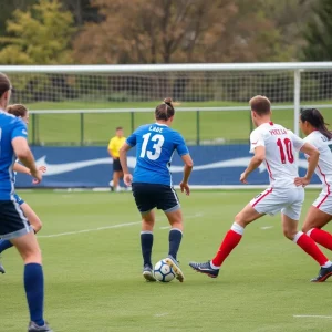 Soccer players from Austin Peay and Western Kentucky in action during a match.