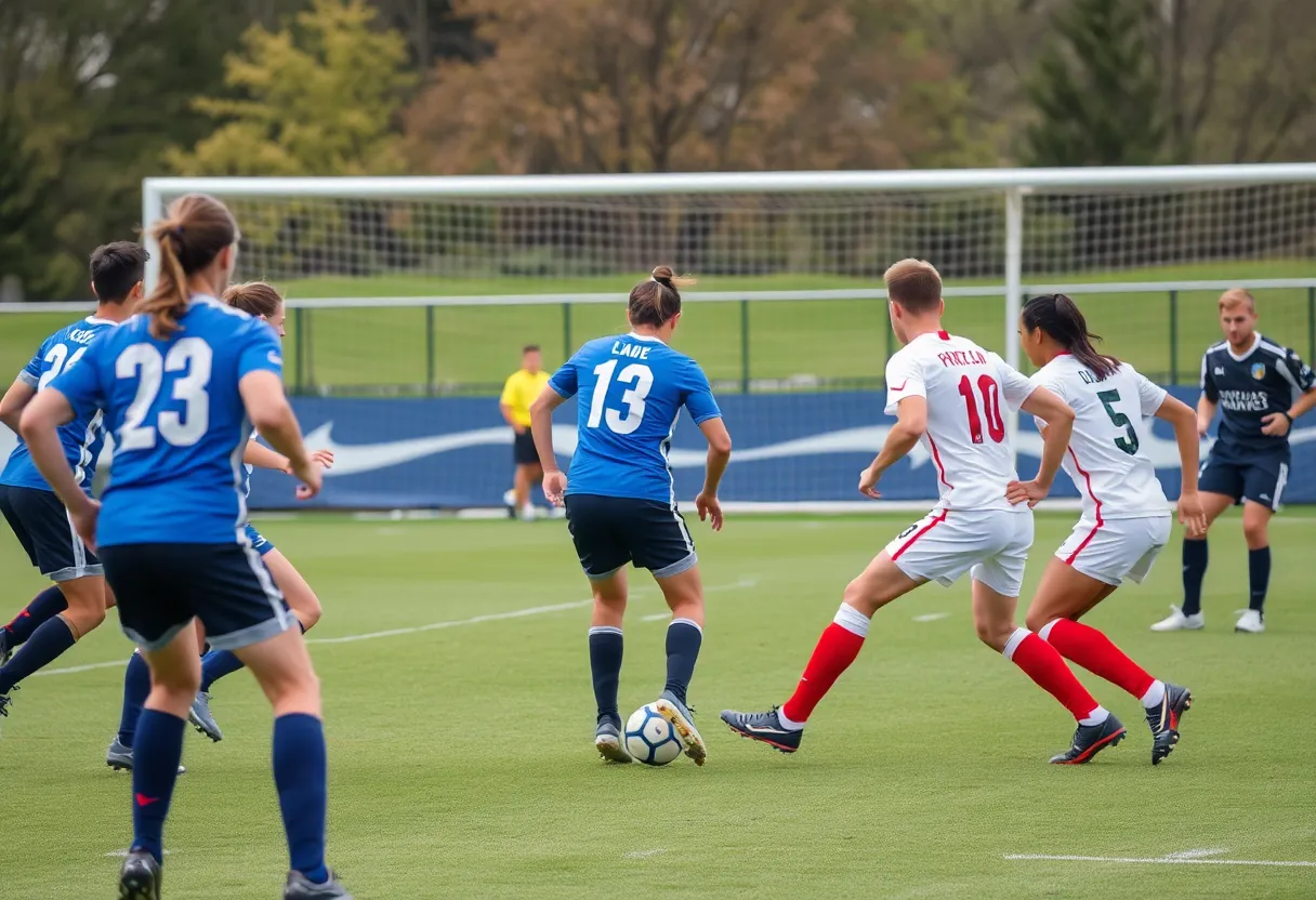 Soccer players from Austin Peay and Western Kentucky in action during a match.