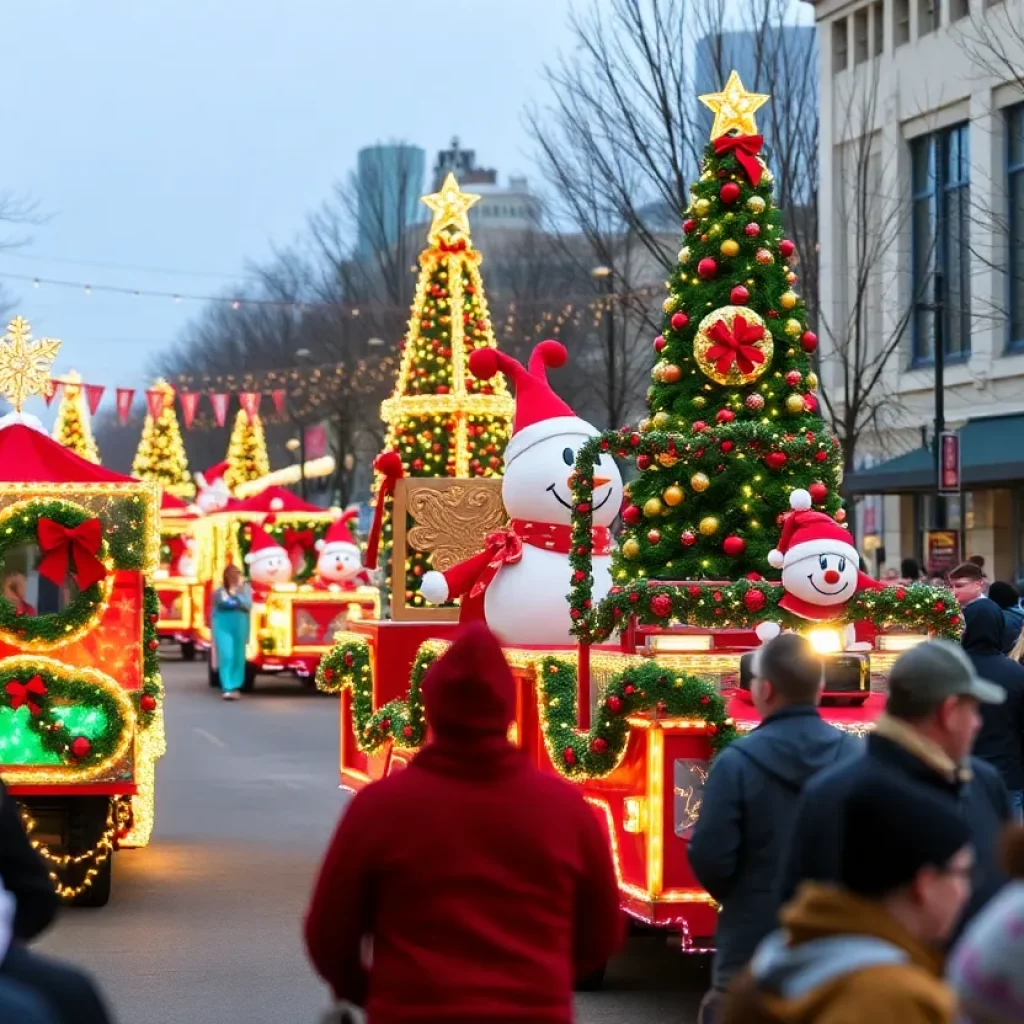 Festive scene from the Bowling Green Christmas Parade with colorful floats.